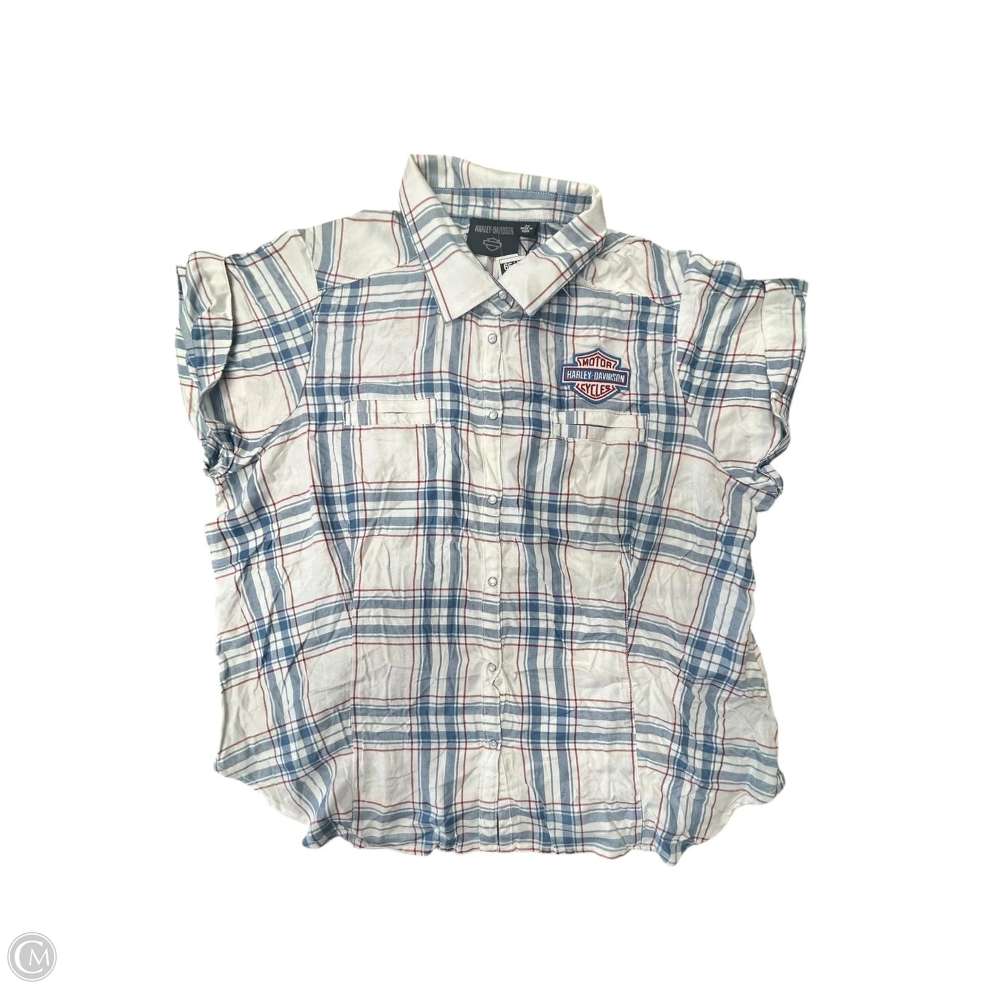 Blouse Short Sleeve By Harley Davidson In Blue & Red & White, Size: 2x