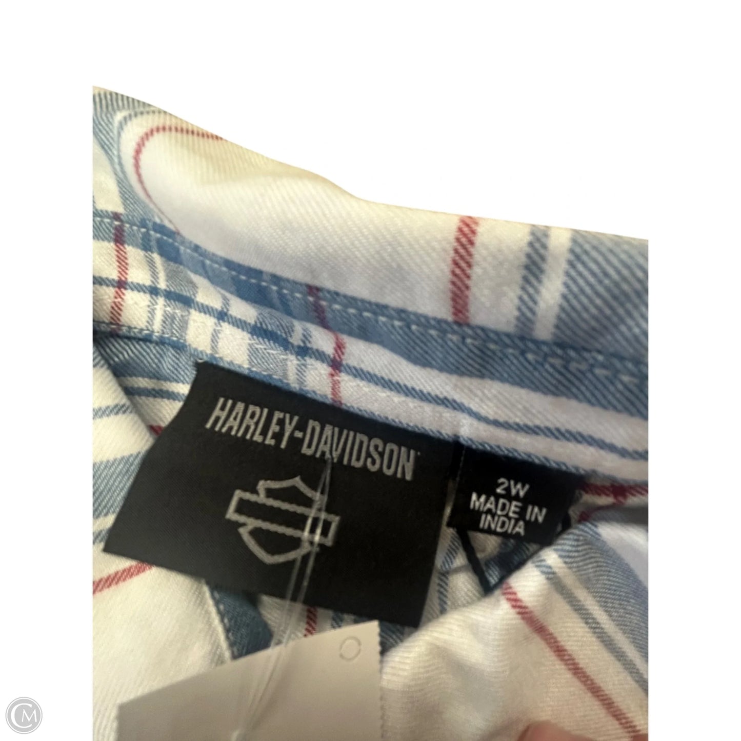Blouse Short Sleeve By Harley Davidson In Blue & Red & White, Size: 2x